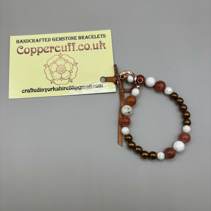 Pure Copper Toggle Clasp Bracelet with Faceted Howlite, Carnelian and Copper Hematite