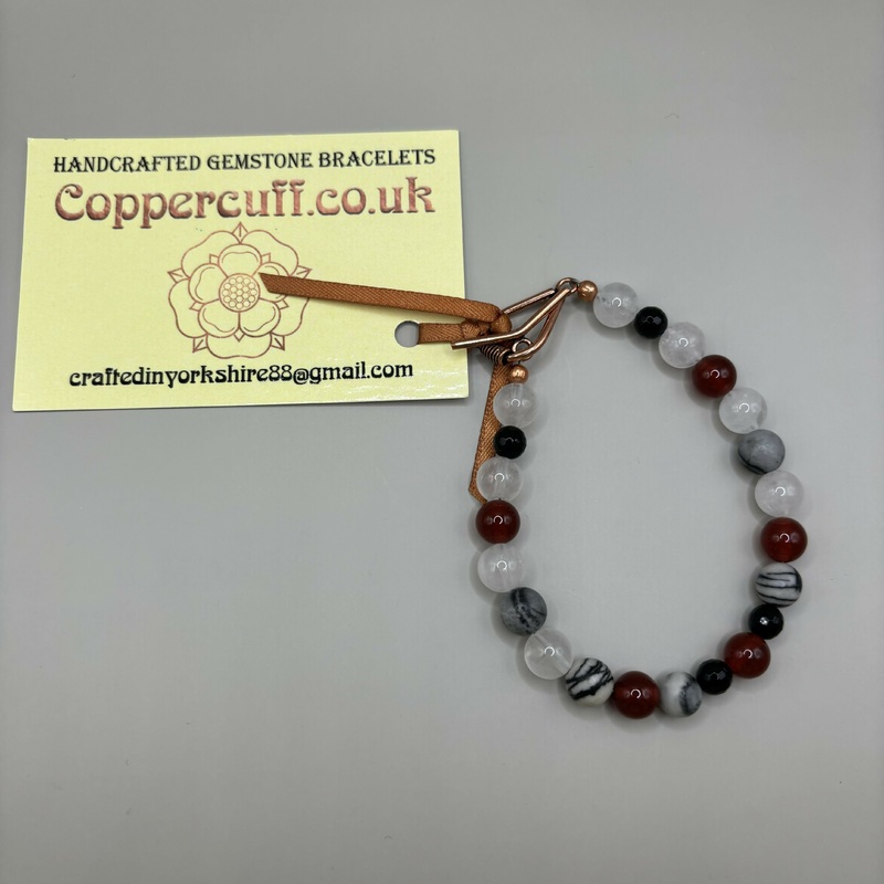 Rose Quartz, Onyx, Carnelian and Black Silkstone Bracelet