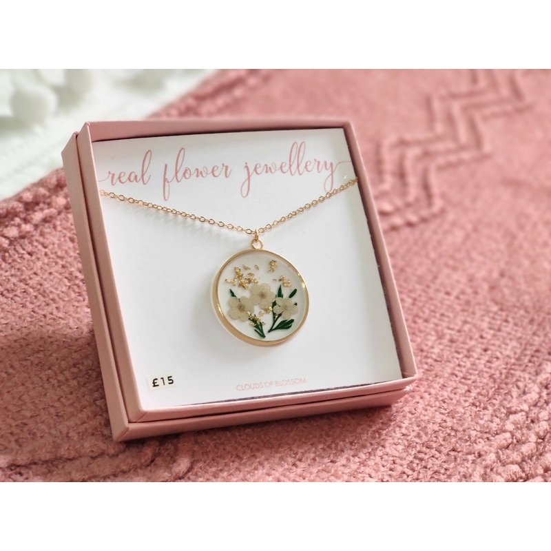 White Babys Breath and Leaves in Large Circle Necklace Gold Plated