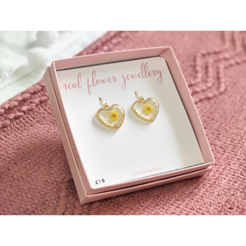 Yellow Babys Breath Medium Heart Earrings Gold Plated