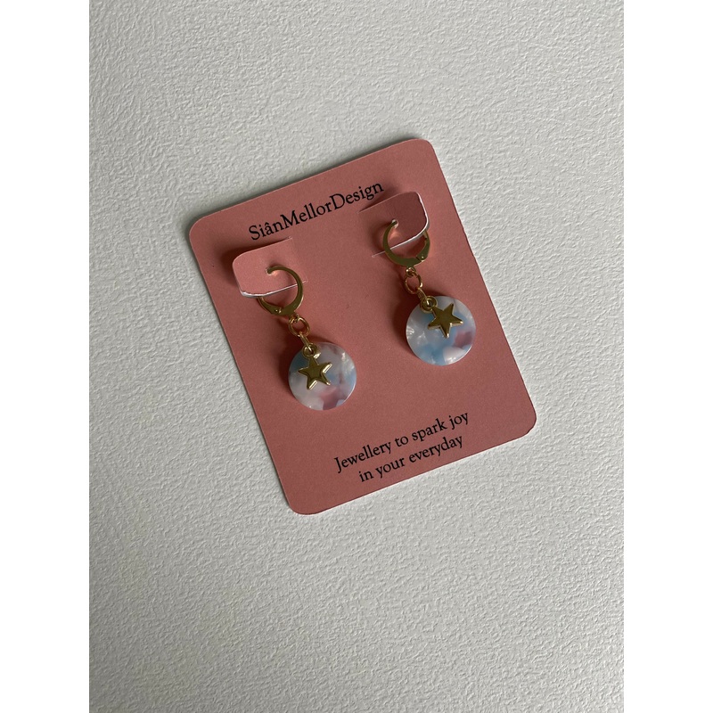 Blue Marbled Circle with Star Gold Huggie Hoop Earrings