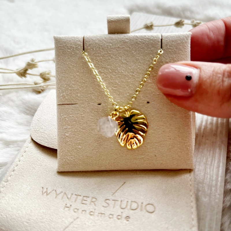 Monstera And Rose Quartz Necklace