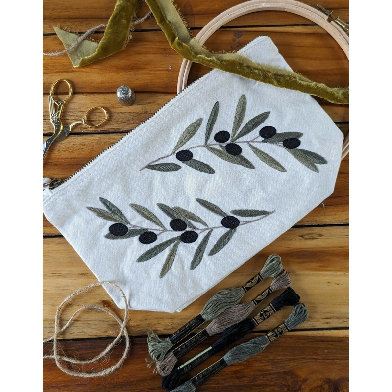 Olive Branch Embroidery Kit for Beginners – Stitch Your Own Makeup Bag – DIY Craft Kit Gift