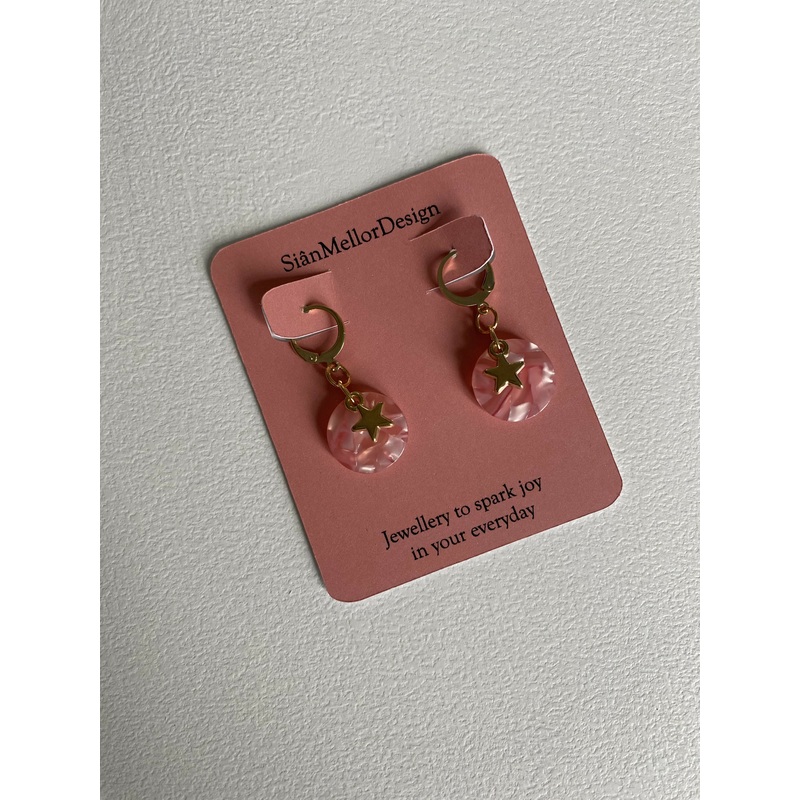 Pink Marbled Circle Star Gold Huggie Hoop Earrings