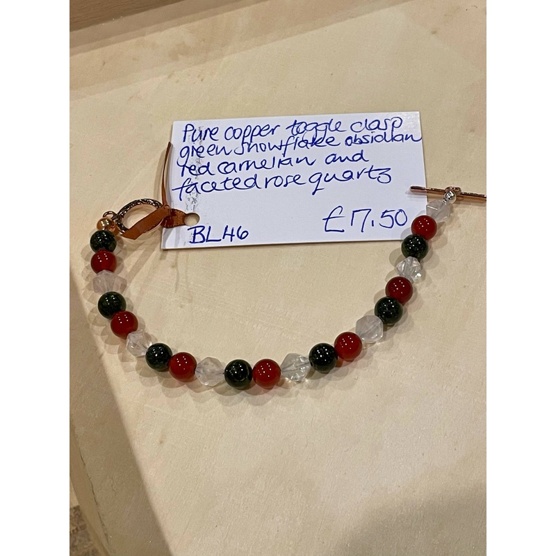 Pure Copper Toggle Clasp Bracelet with Green Snowflake Obsidian, Red Carnelian and Faceted Rose Quartz