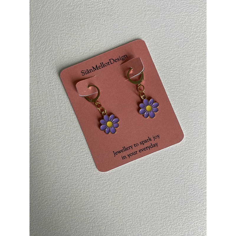 Purple Flower Charm Gold Huggie Hoop Earrings