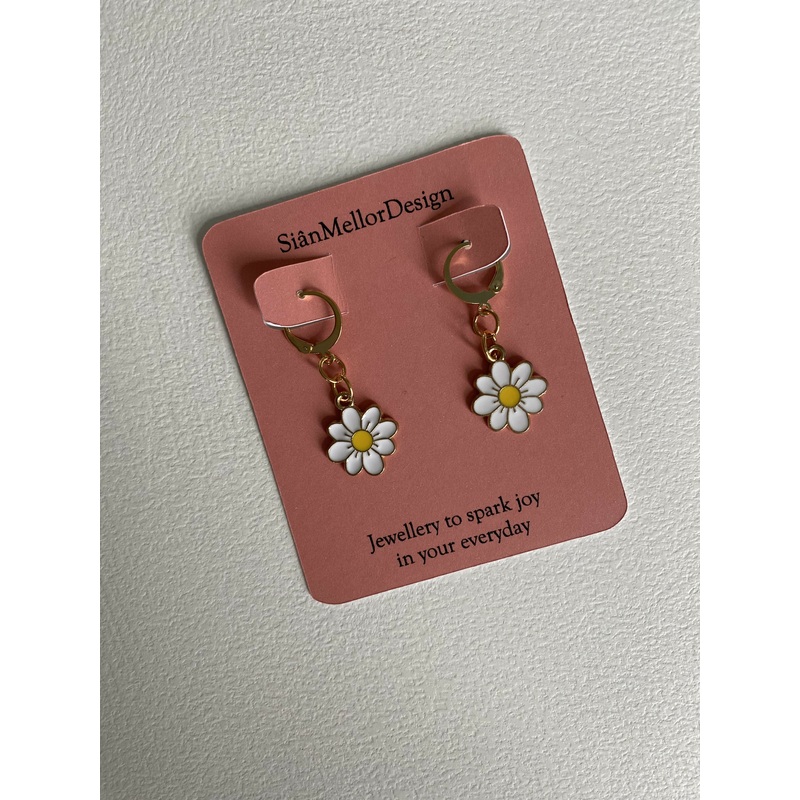 White Flower Charm Gold Huggie Hoop Earrings