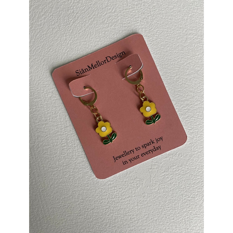 Yellow Flower Charm Gold Huggie Hoop Earrings