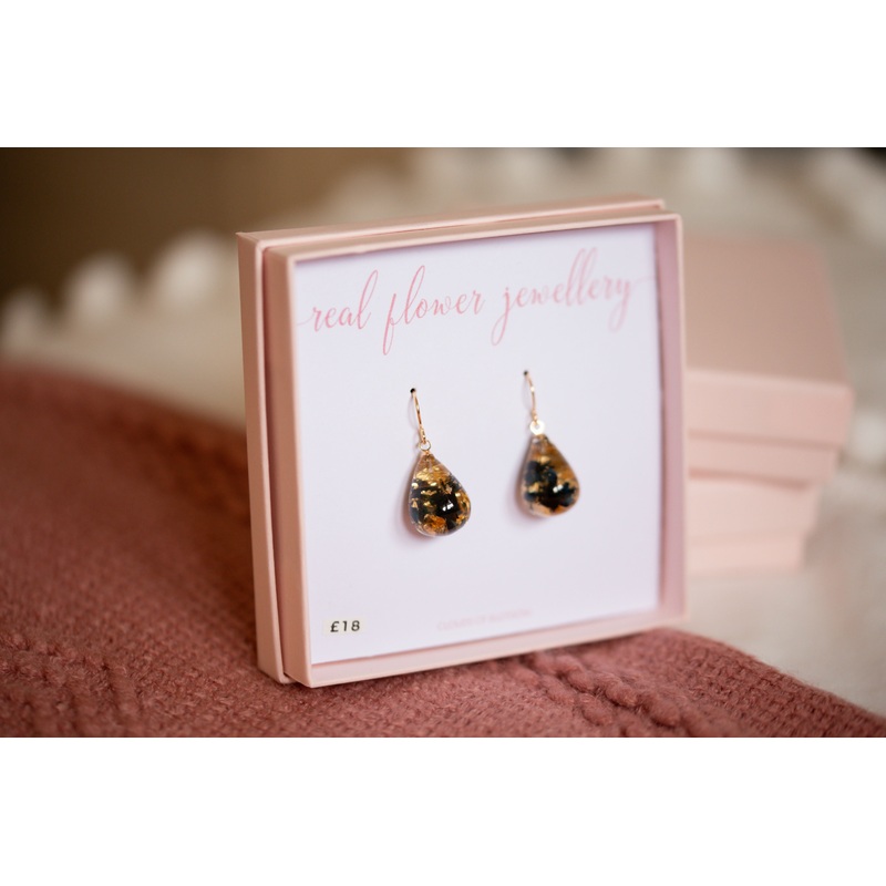 Black Flower and Gold Leaf 3D Teardrop Hook Earrings Gold Plated