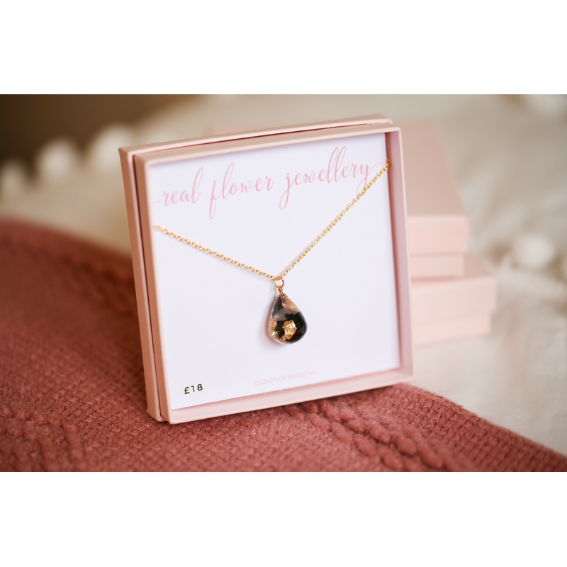 Black Flower and Gold Leaf 3D Teardrop Necklace Gold Plated