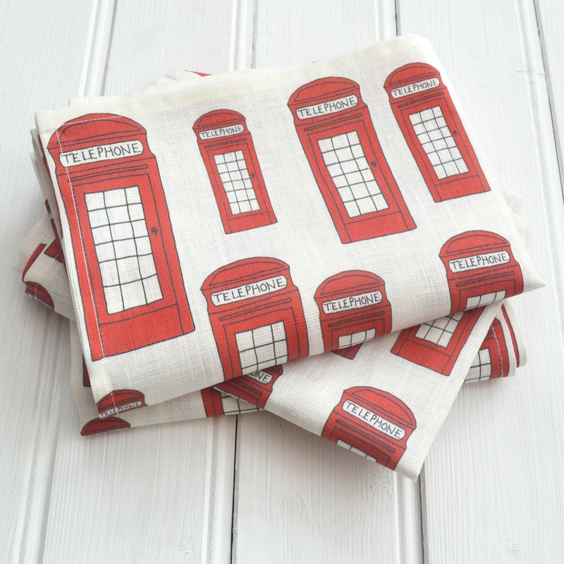 Linen Tea Towel – Red Telephone Box Design