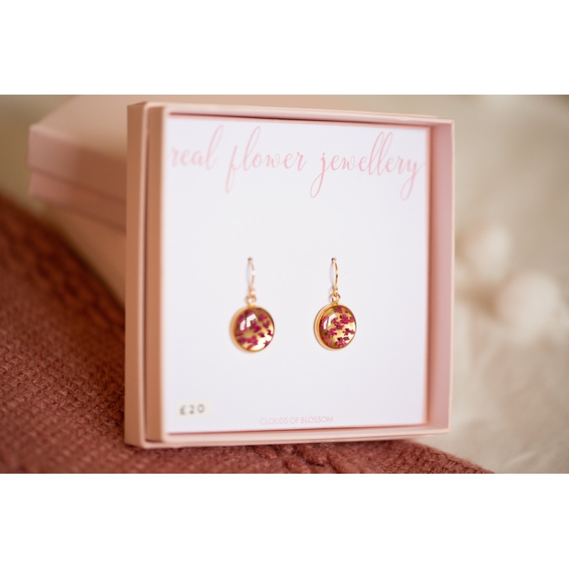 Pink Queen Annes Lace Small Mirrored Circle Bezel Earrings Gold Plated