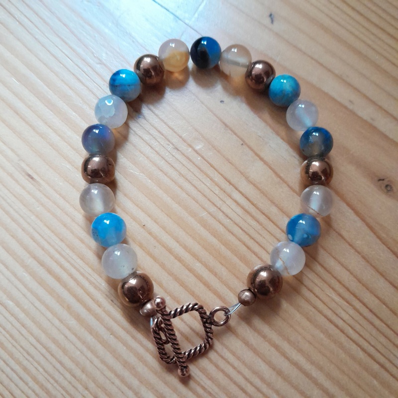Pure Copper Twist Toggle Bracelet with Pale Carnelian and Blue/Grey Dream Agate