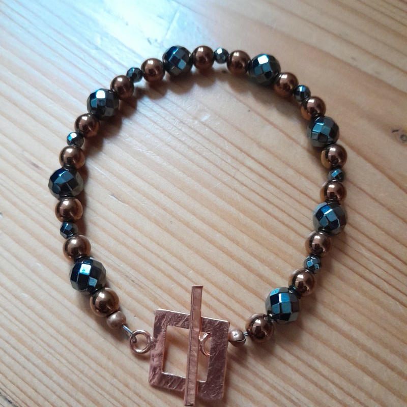 Pure, Hand Hammered, Copper Toggle Bracelet with Copper Hematite and Faceted Grey Hematite