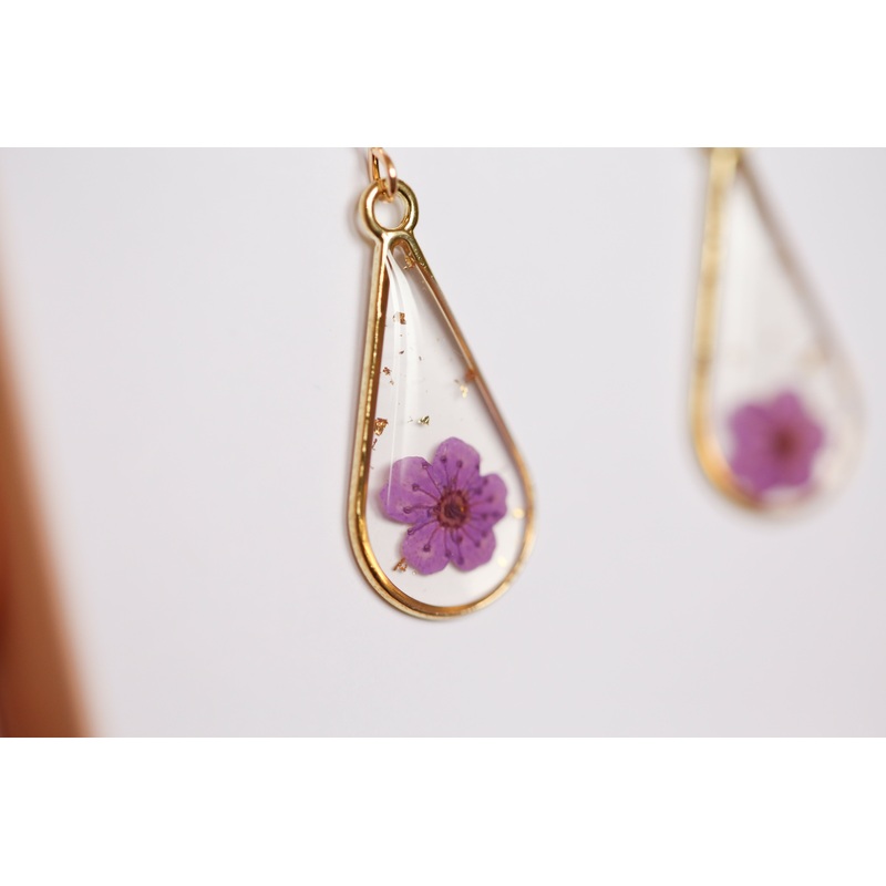 Purple Babys Breath Long Teardrop Earrings Gold Plated