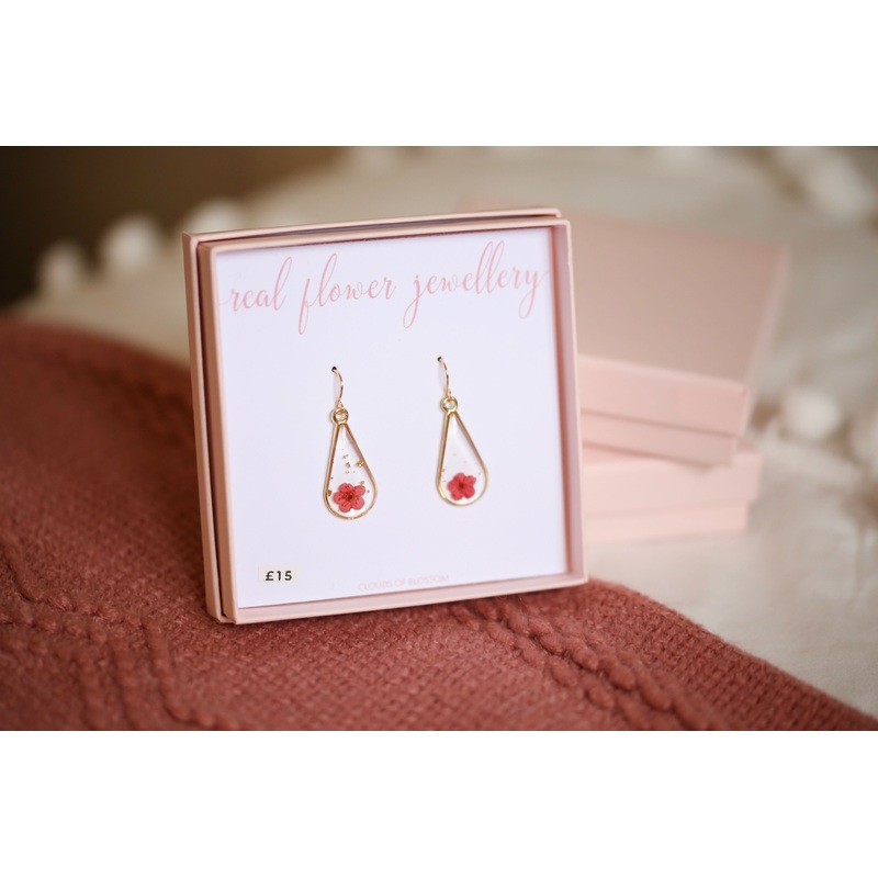 Red Babys Breath Long Teardrop Earrings Gold Plated