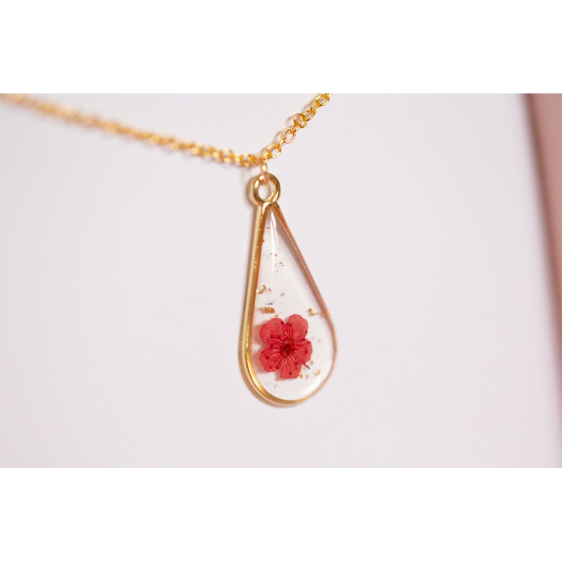 Red Babys Breath Long Teardrop Necklace Gold Plated
