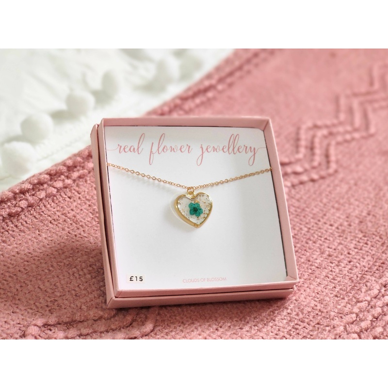 Turquoise Babys Breath Medium Heart Necklace Gold Plated
