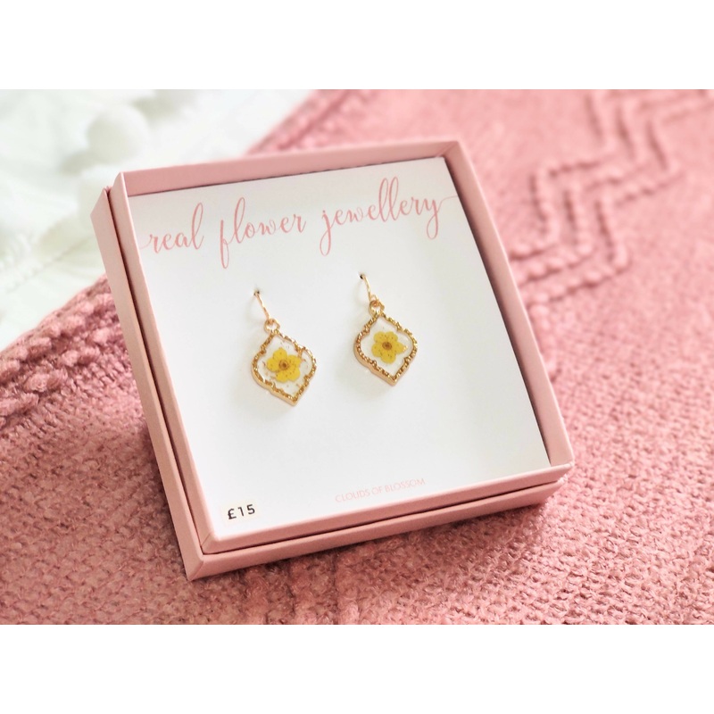 Yellow Babys Breath Fancy Diamond Shaped Bezel Earrings Gold Plated