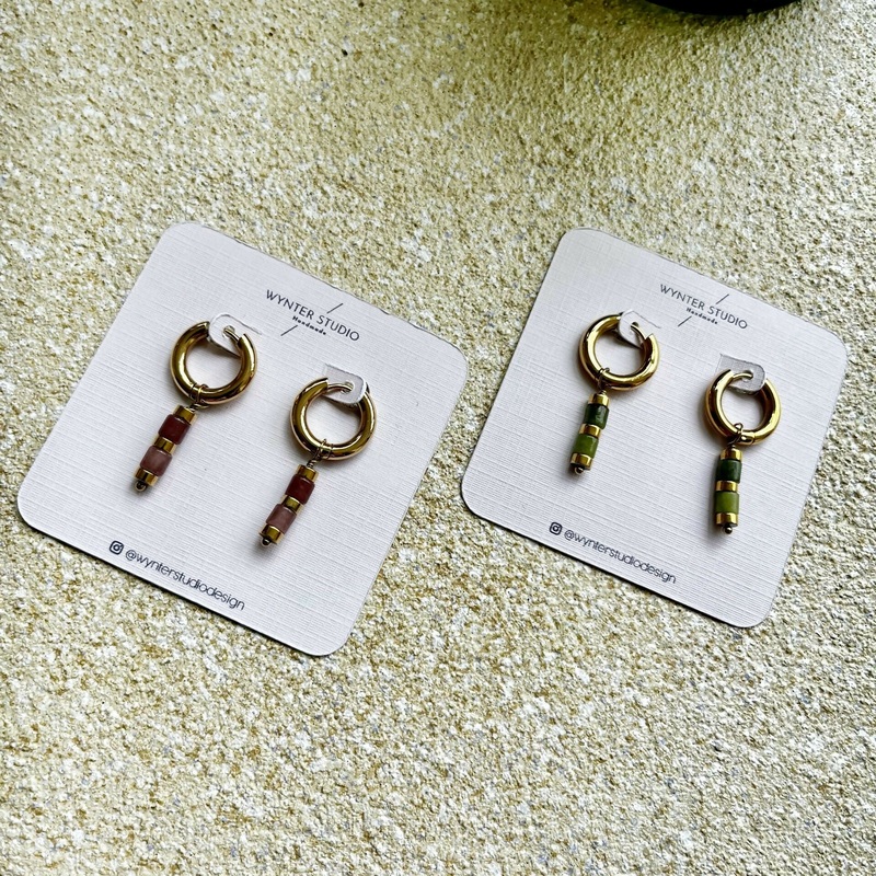 Bead Hoop Earrings|Pink|Green