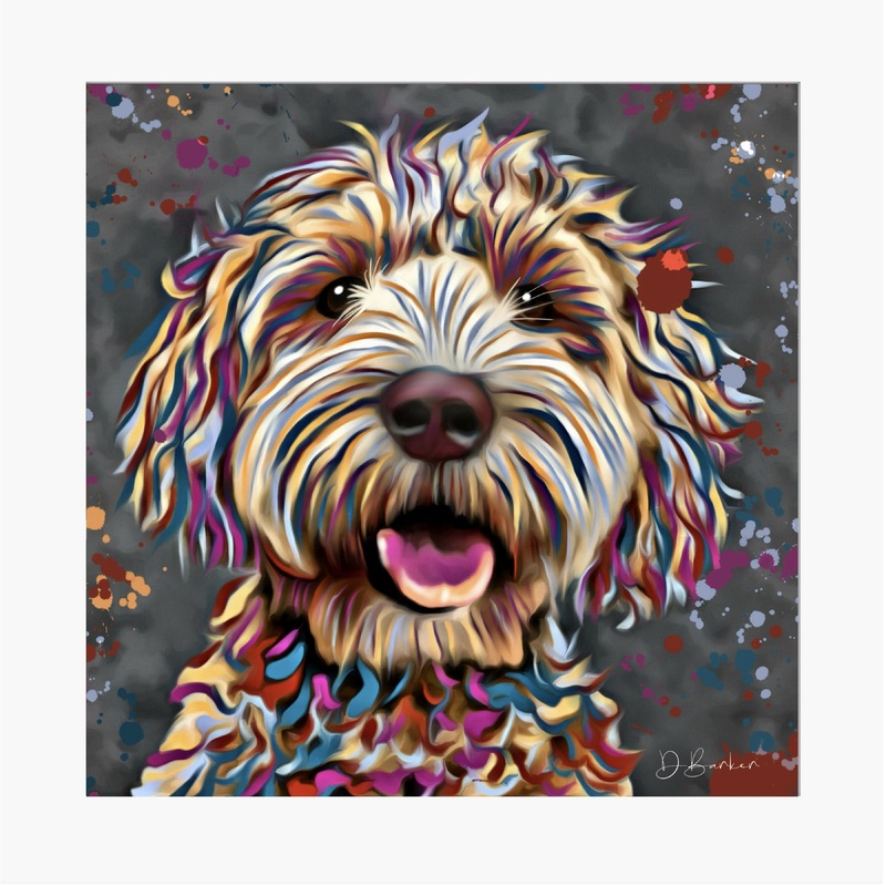 COCKAPOO DOG BLONDE COLOUR SPLASH MOUNTED ARTWORK.