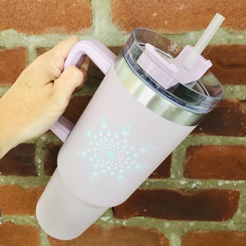 Hand Painted Dot Mandala Stanley-Style Cup with Straw: Blush Pink with Grey