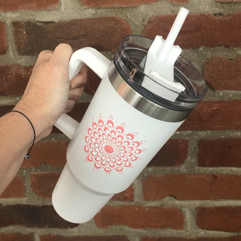 Hand Painted Dot Mandala Stanley-Style Cup with Straw: White with Coral