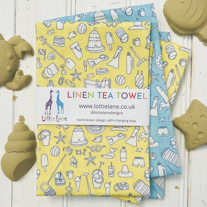 Linen Tea Towel – Beach Design in Yellow