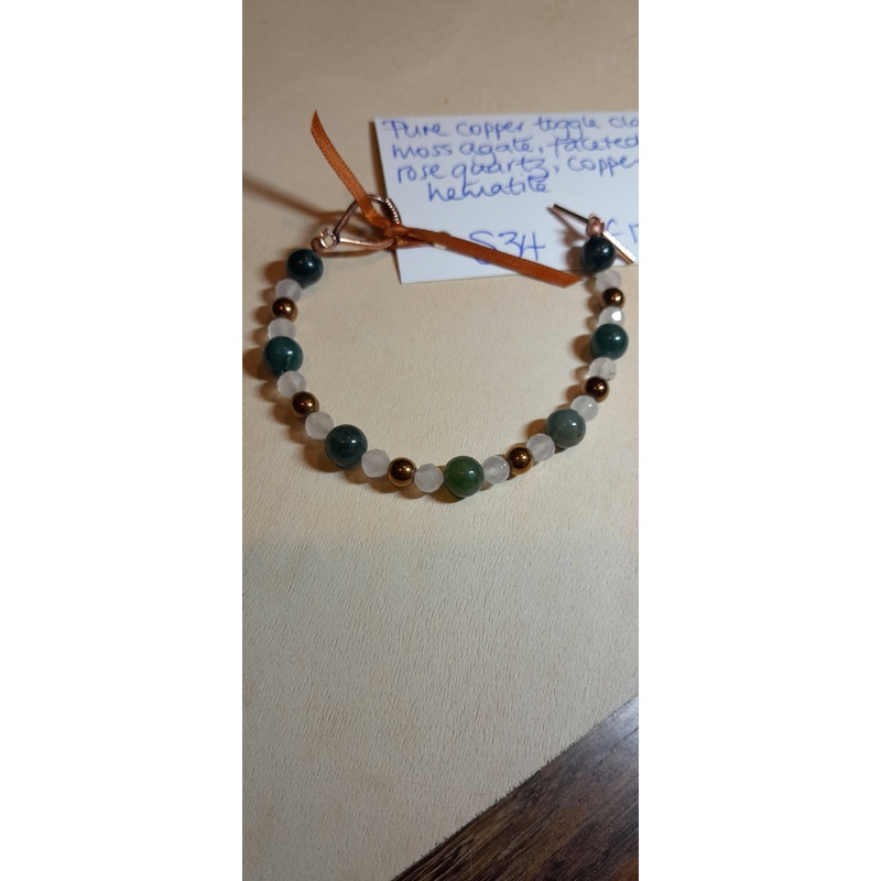 Copper Clasp Bracelet, with Moss Agate, Rose Quartz and Copper Hematite