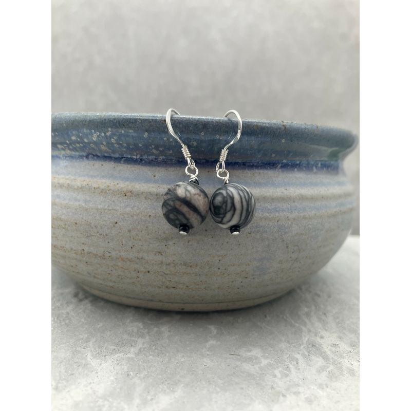 Gemstone Drop Earrings – Jasper Black and Grey