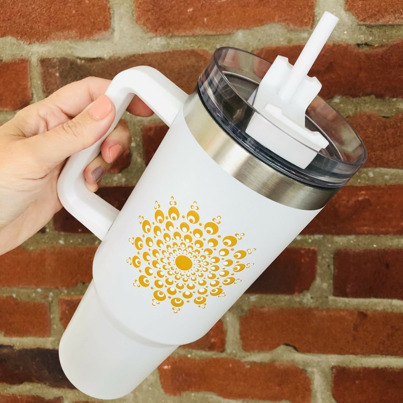 Hand Painted Dot Mandala Thermal Water Bottle with Straw: White with True Ochre