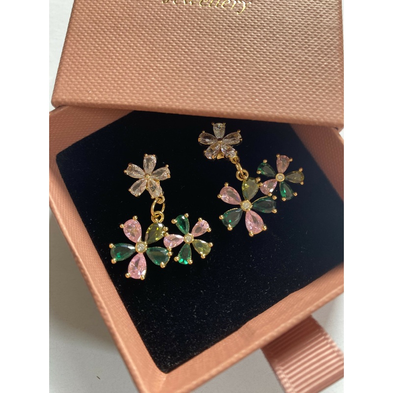 Pink and Green Double Flower Stud Earrings