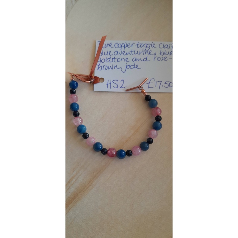 Pure Copper Clasp Bracelet with Aventurine, Blue Goldstone and Rose Brown Jade