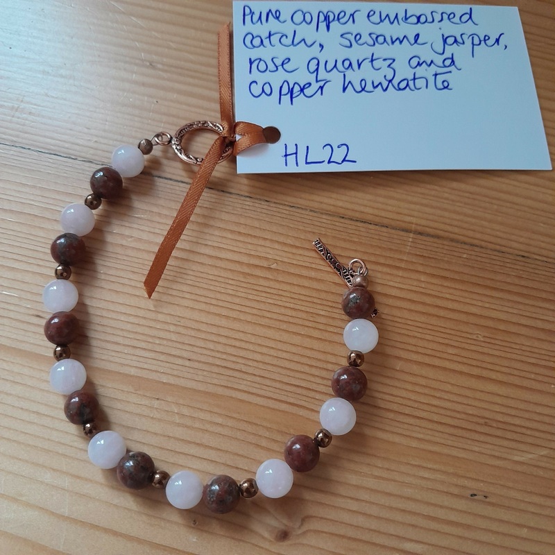 Pure Copper Embossed Leaf Toggle Catch Bracelet with Sesame Jasper, Rose Quartz and Copper Hematite