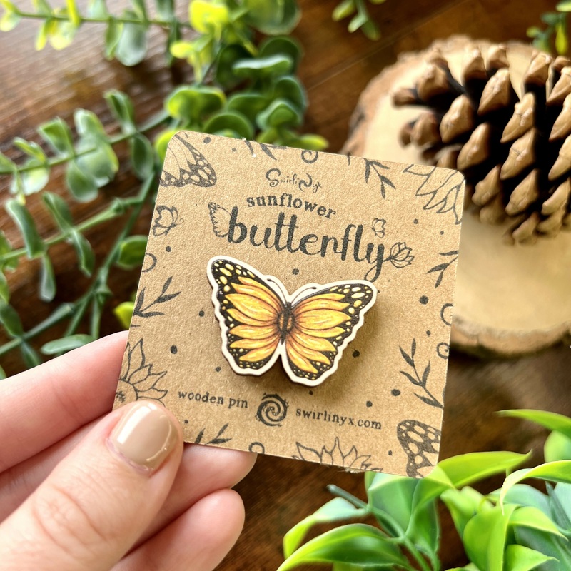 Sunflower Butterfly Wooden Pin
