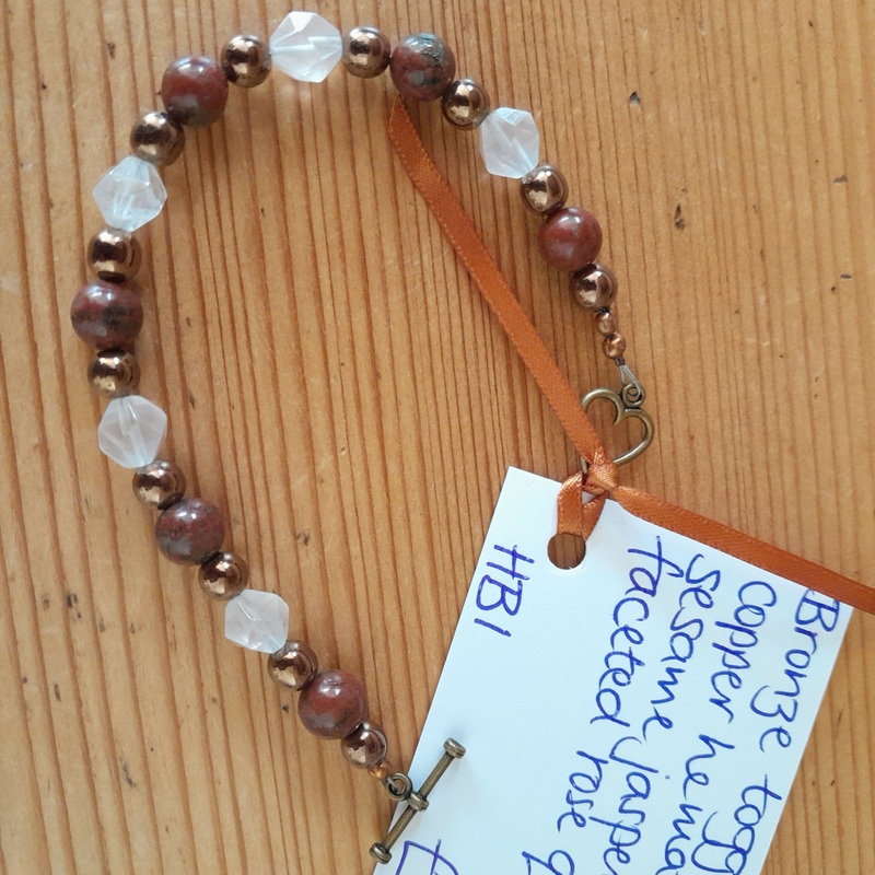 Bronze Toggle Catch Bracelet with Copper Hematite, Red Sesame Jasper and Faceted Rose Quartz.