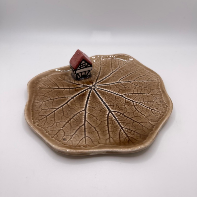 Brown Leaf with Miniature Cottage