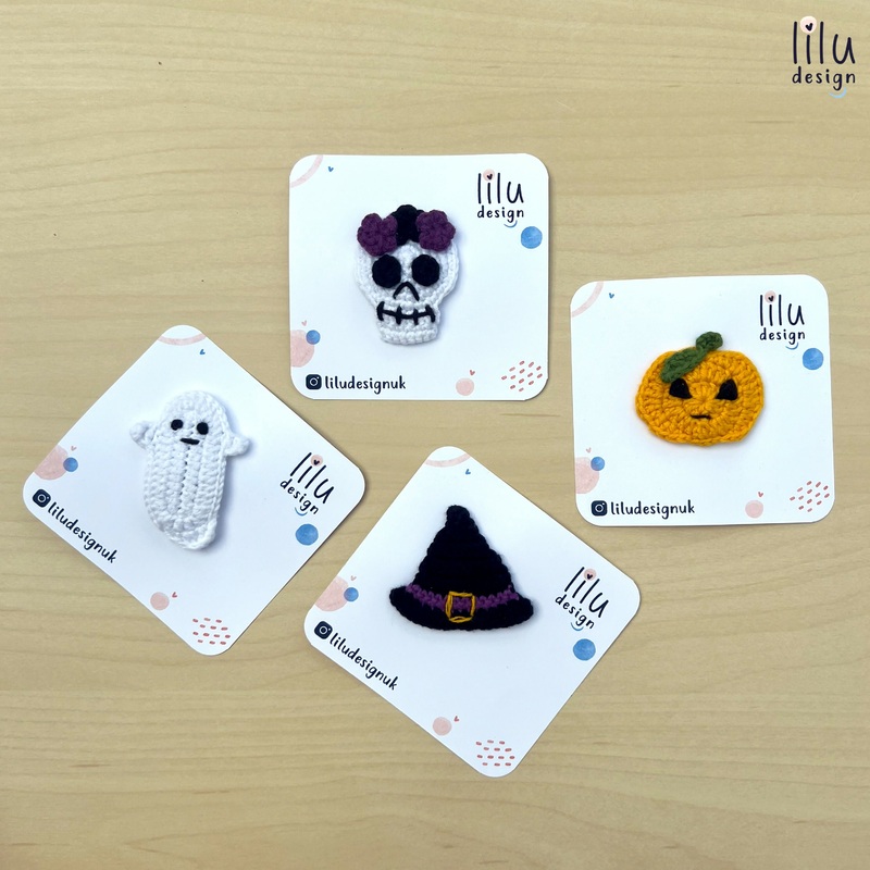 Crochet Hair Clip|Crochet Hair Clip – Pumpkin|Crochet Hair Clip – Ghost|Crochet Hair Clip – Skull|Crochet Hair Clip – Witch Hat