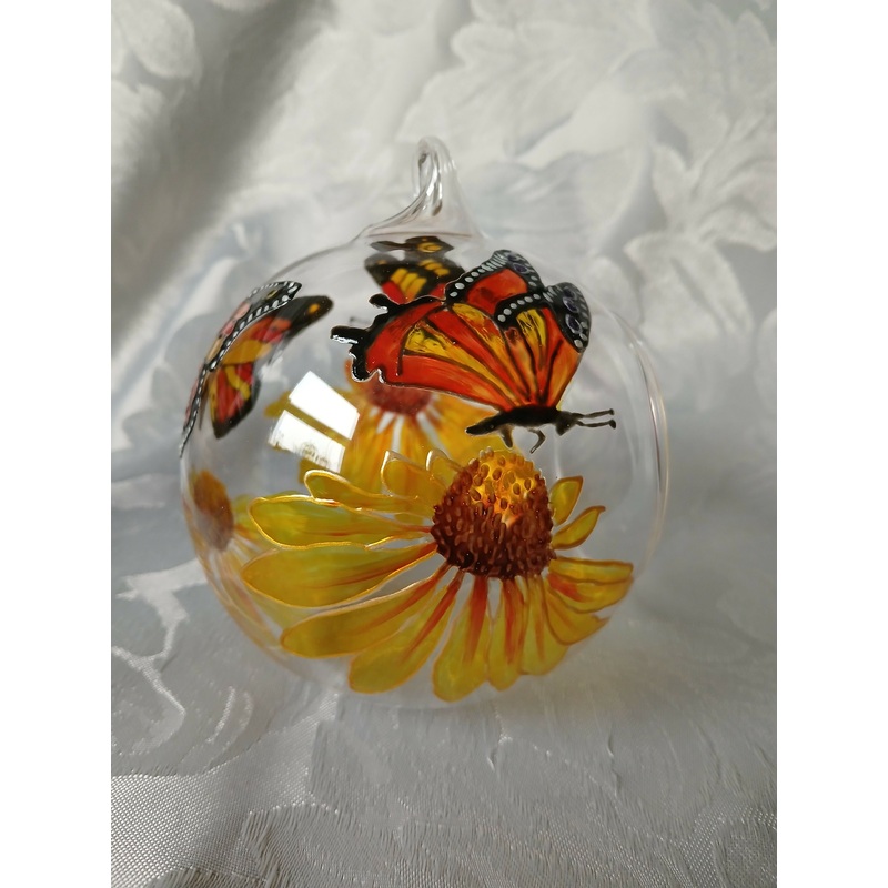 Hand Painted Glass Bauble, Candle Holder – Yellow Daisies and Butterflies