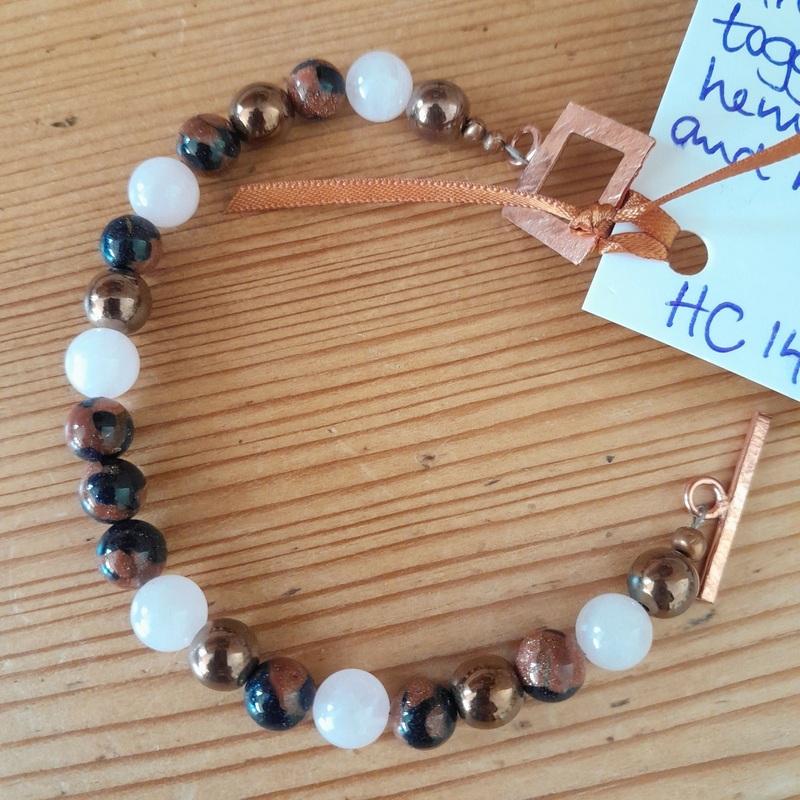 Pure Copper Hand Hammered Toggle Catch, Copper Hematite, Rose Quartz and Navy Goldstone.