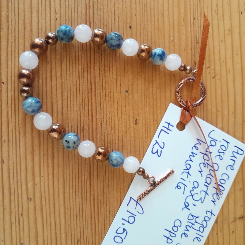 Pure Copper Toggle Catch Bracelet with Rose Quartz, Blue Spot Jasper and Copper Hematite.