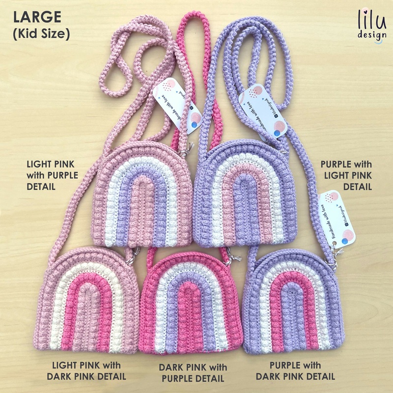 Rainbow Crochet Bag|Rainbow Crochet Bag – Purple with Light Pink Detail  – Large|Rainbow Crochet Bag – Light Pink with Purple Detail  – Small|Rainbow Crochet Bag – Purple with Dark Pink Detail  – Large|Rainbow Crochet Bag – Dark Pink with Purple Detail  –