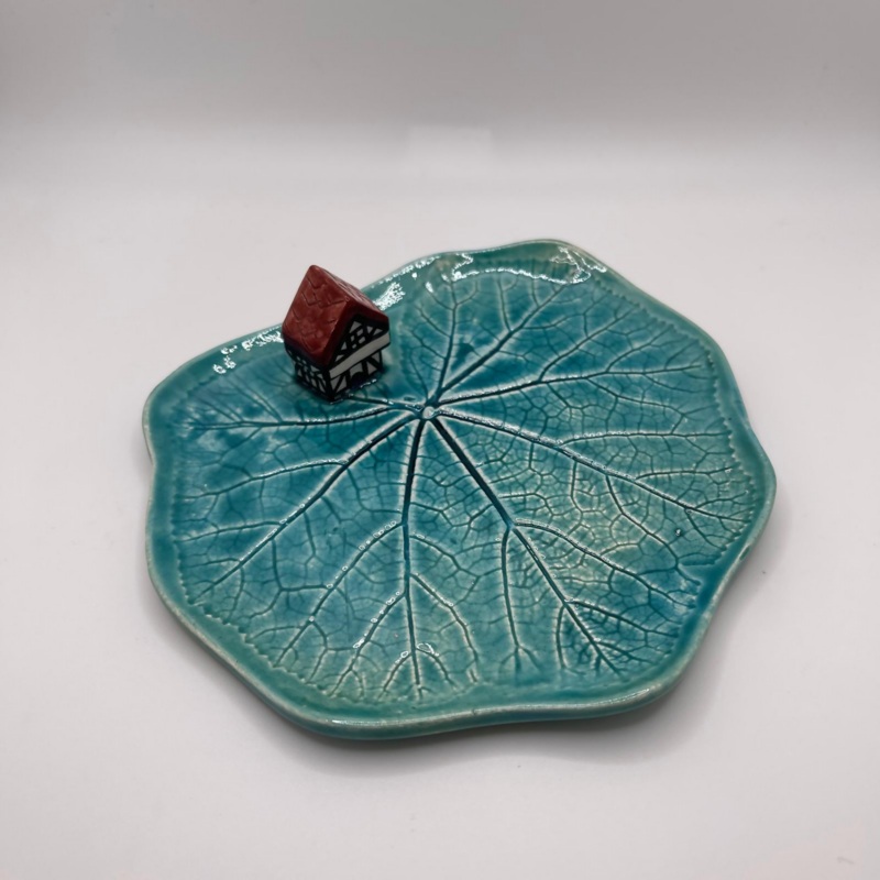 Turquoise Leaf with Miniature Cottage