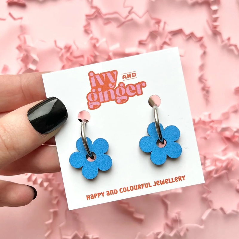 Blue Flower Hoop Earrings
