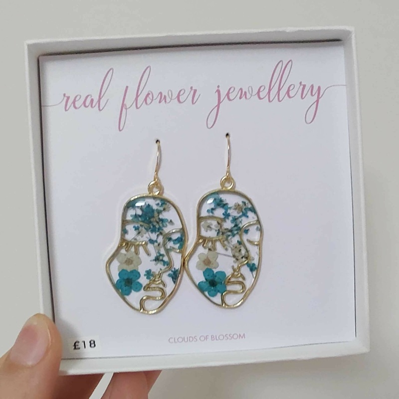 Blue Real Pressed Flower Face Earrings Gold Plated
