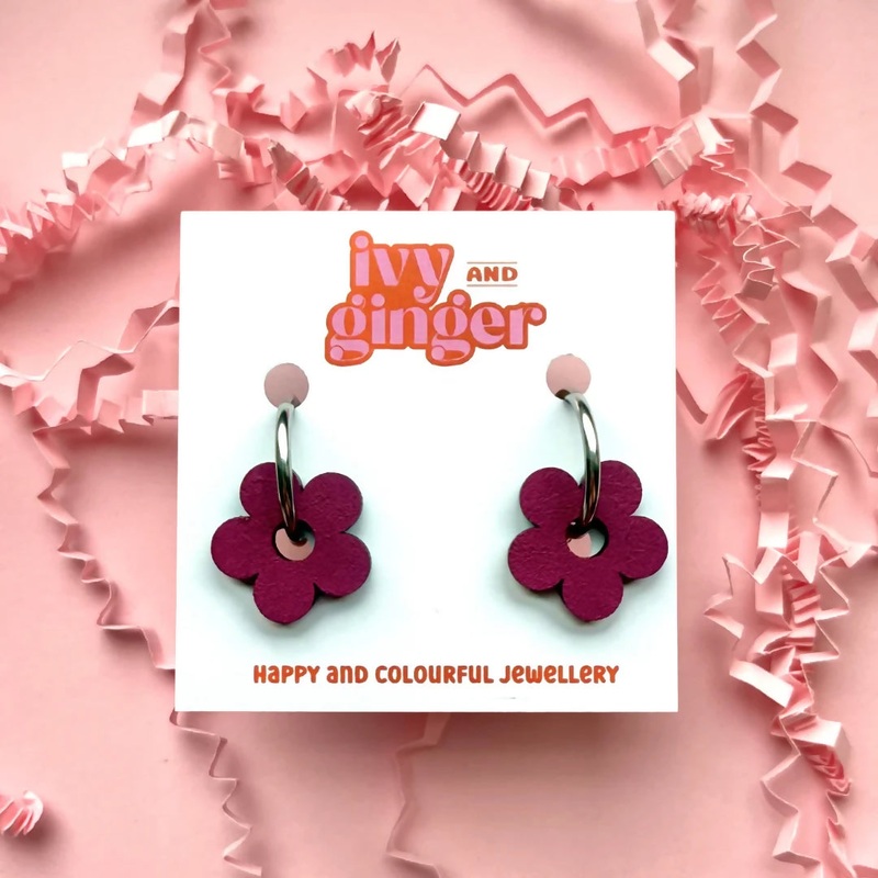 Burgundy Flower Hoop Earrings