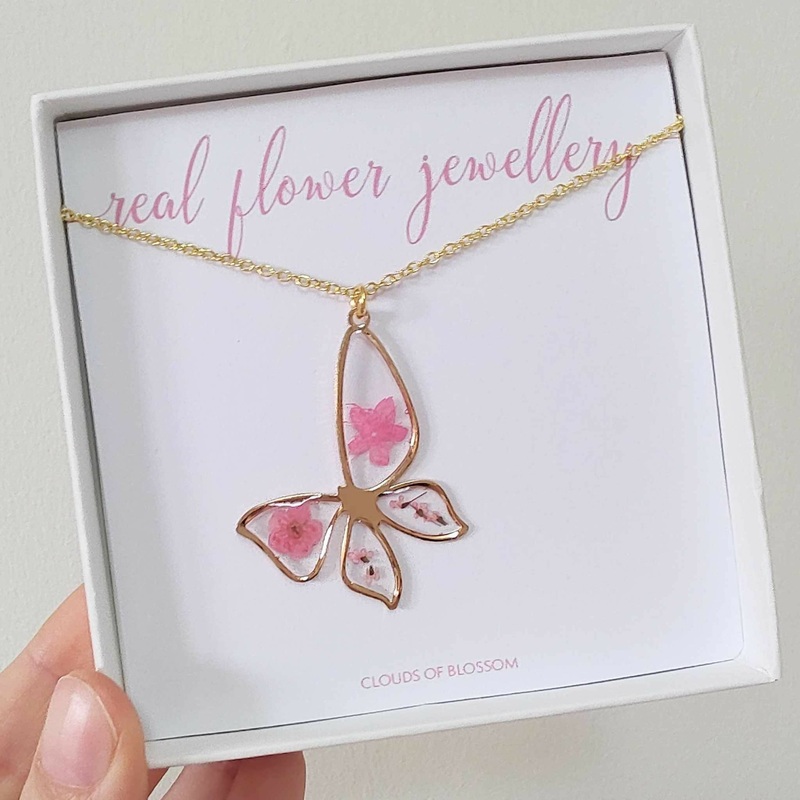 Butterfly Real Pink Flower Necklace Gold Plated