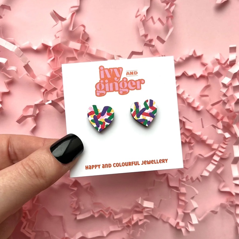 Confetti Print Midi Heart Stud Earrings