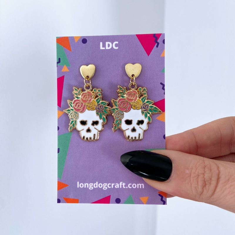 Floral Skull Drop Stud Earrings