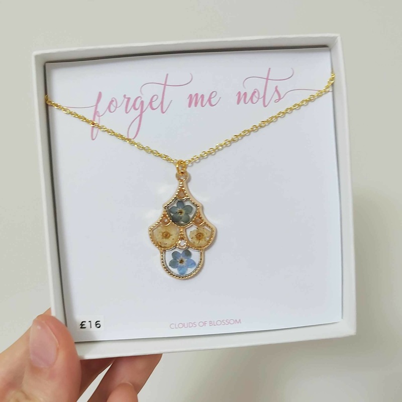 Forget Me Not and White Babys Breath Fancy Big Gold Plated Bezel Necklace